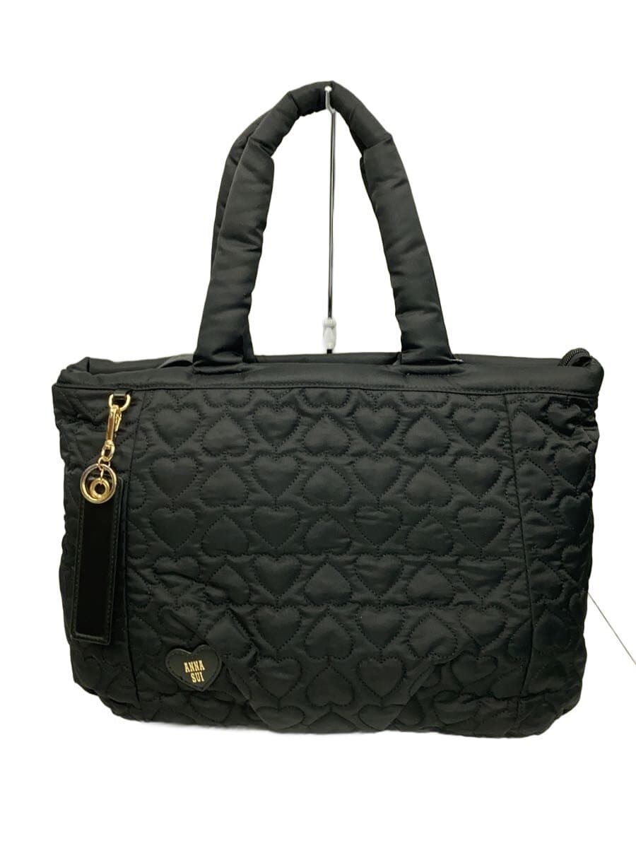 ANNA SUI Happiness Heart Quilted Tote Bag Nylon BLK Heart All Over Pattern 316761