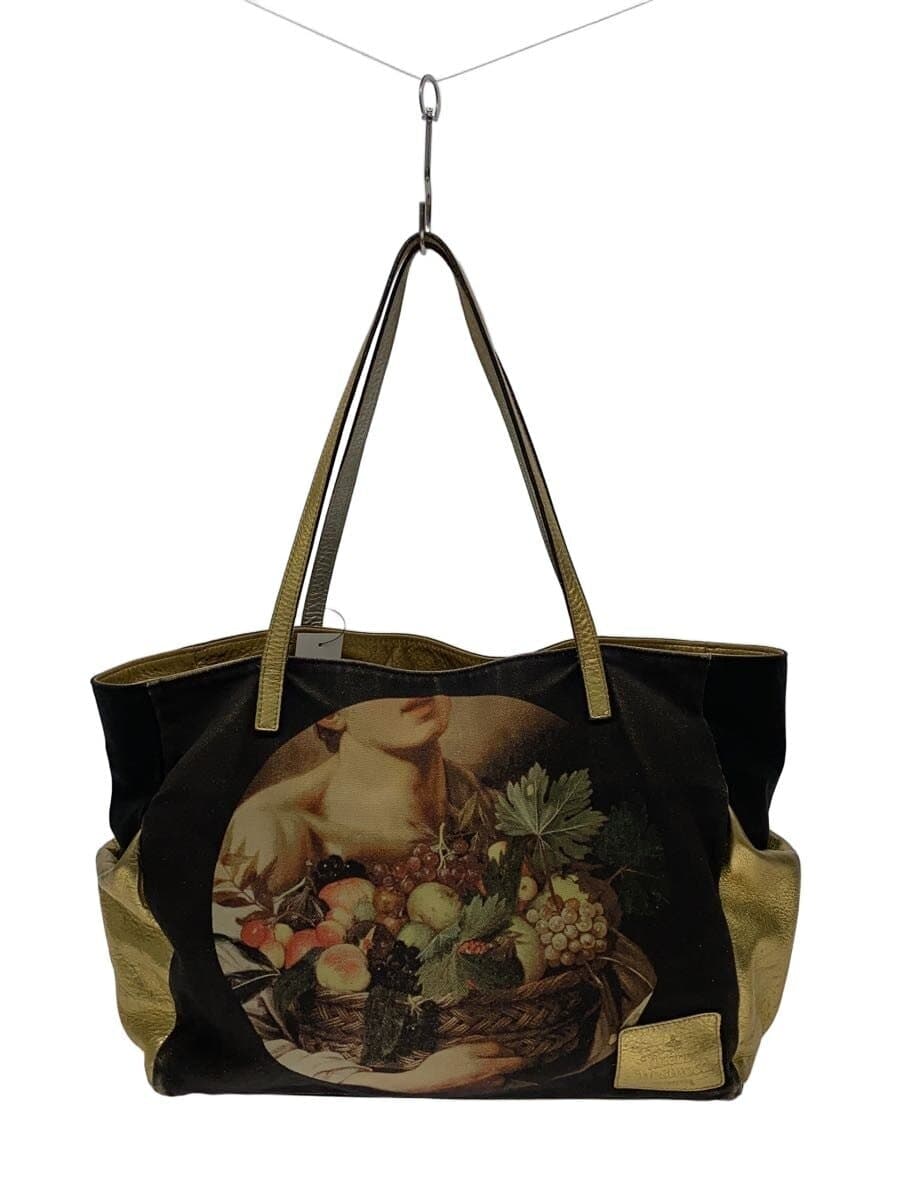 Vivienne Westwood Tote Bag Canvas Black All Over Pattern Caravaggio Corner Wear Signs of Use