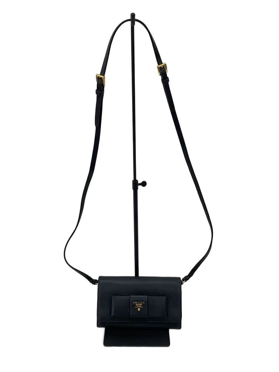 PRADA Shoulder Bag Leather BLK Solid Saffiano Leather Ribbon