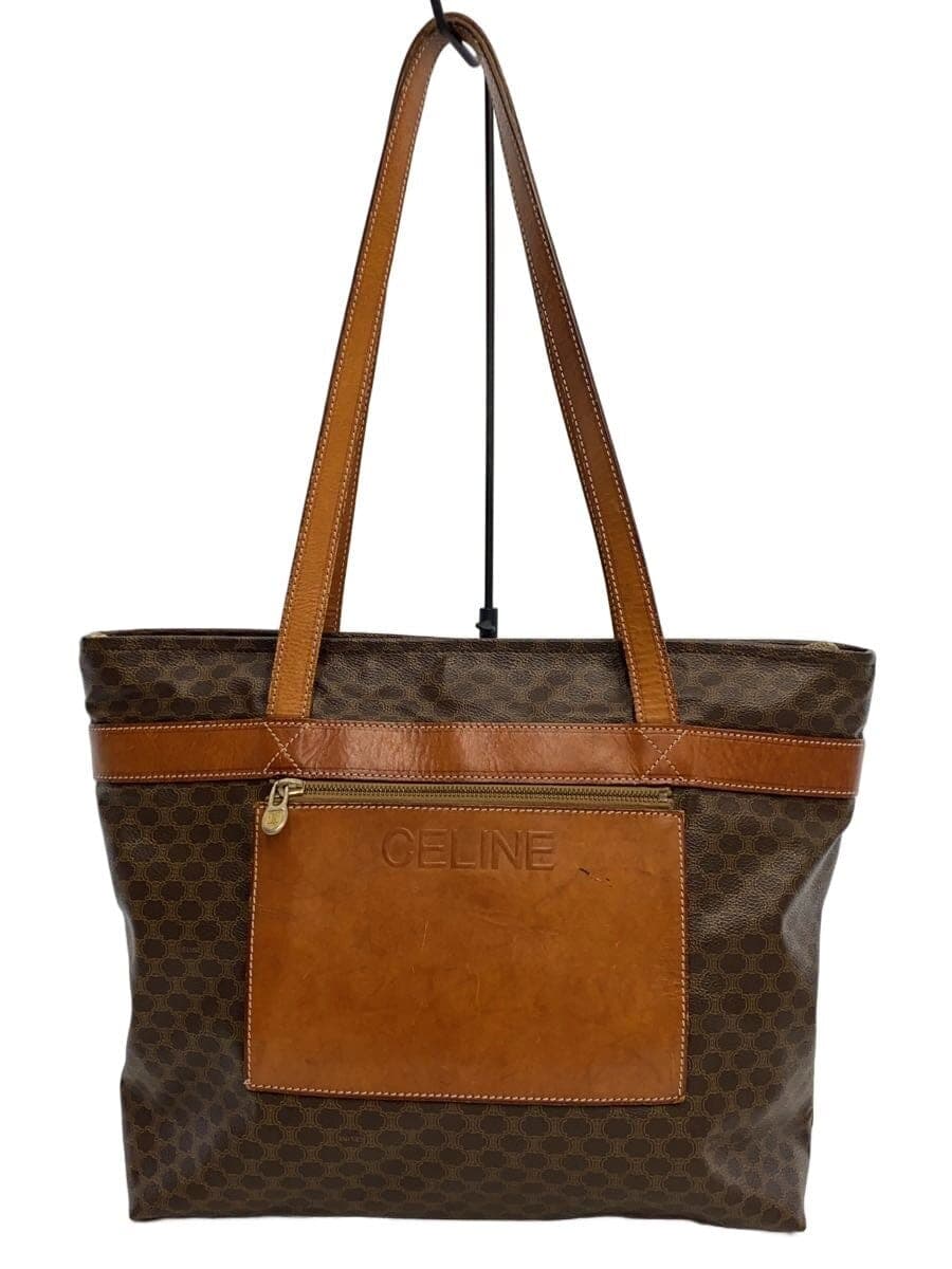 CELINE Macadam Pattern Tote Bag Leather Brown All Over Pattern Scratch 、With Wear Celine