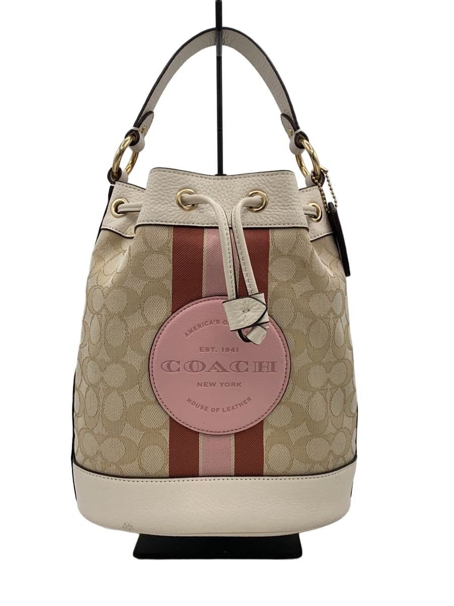COACH Dempsey Drawstring Bucket Bag Signature Stripe PVC BEG All Over Pattern C41