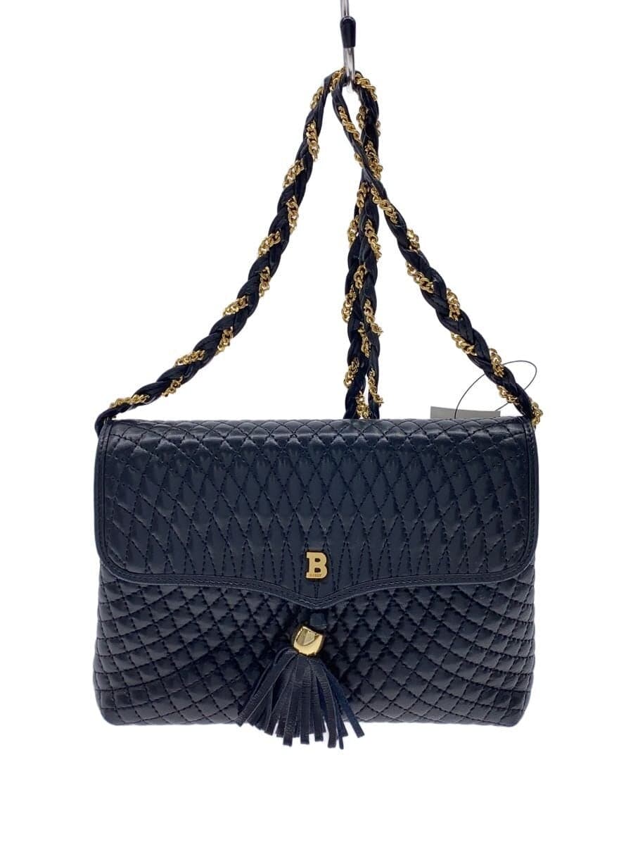 BALLY Shoulder Bag Fringe Leather BLK All Over Pattern