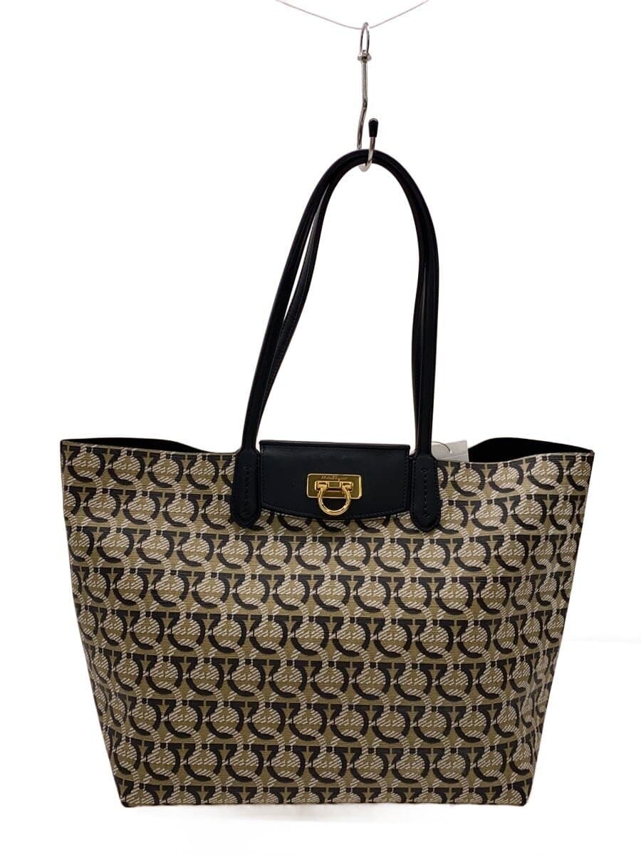 Salvatore Ferragamo Gancini SAND NERO Monogram Tote Bag Pouch Metal PVC BEG All Over Pattern 21I012