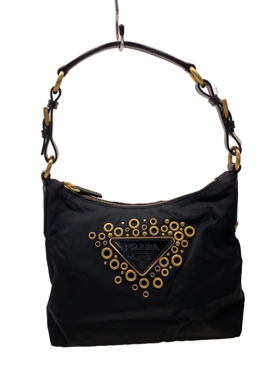 PRADA Triangle Gold Studs One Shoulder Handbag Nylon BLK Solid