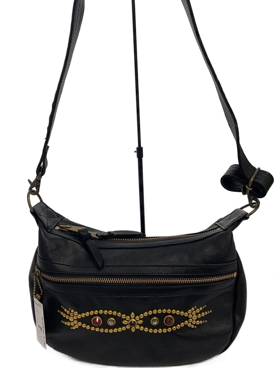 CUSHMAN Shoulder Bag Leather BLK Studs Lines Tone