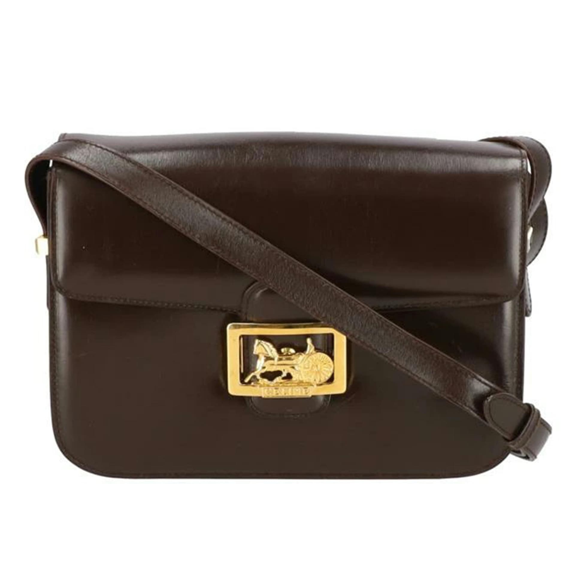 CELINE Carriage Hardware Buckle Flap Leather Shoulder Bag Brown AB Rank 24Used