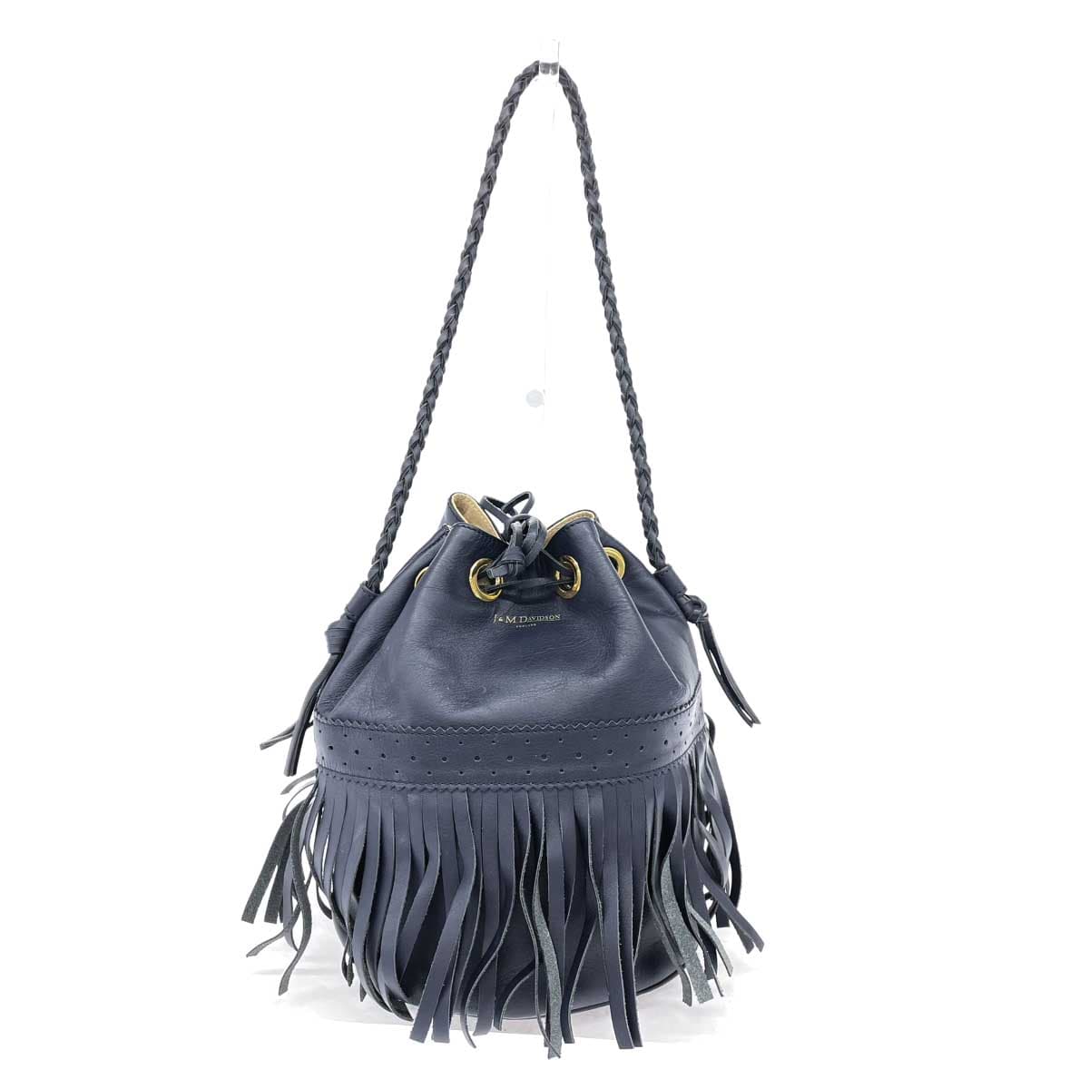 J&M DAVIDSON Carnival One Shoulder Bag Navy Leather Drawstring Fringe Women's Shoulder Bag