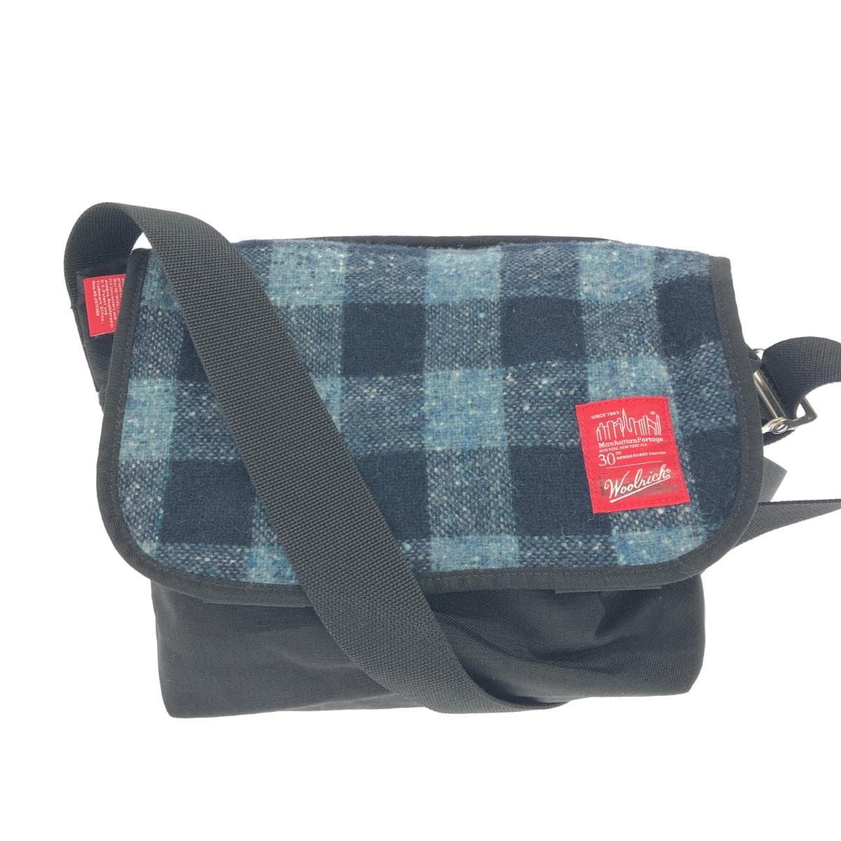 Manhattan Portage Woolrich Shoulder Bag Black/Navy Nylon/Wool Messenger Bag Check Pattern Unisex Crossbody Bag