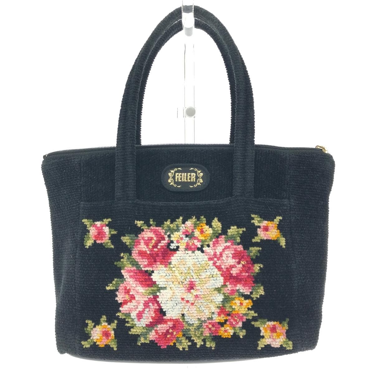 FEILER Mini Tote Bag Floral Pattern / Chenille Weave / Black