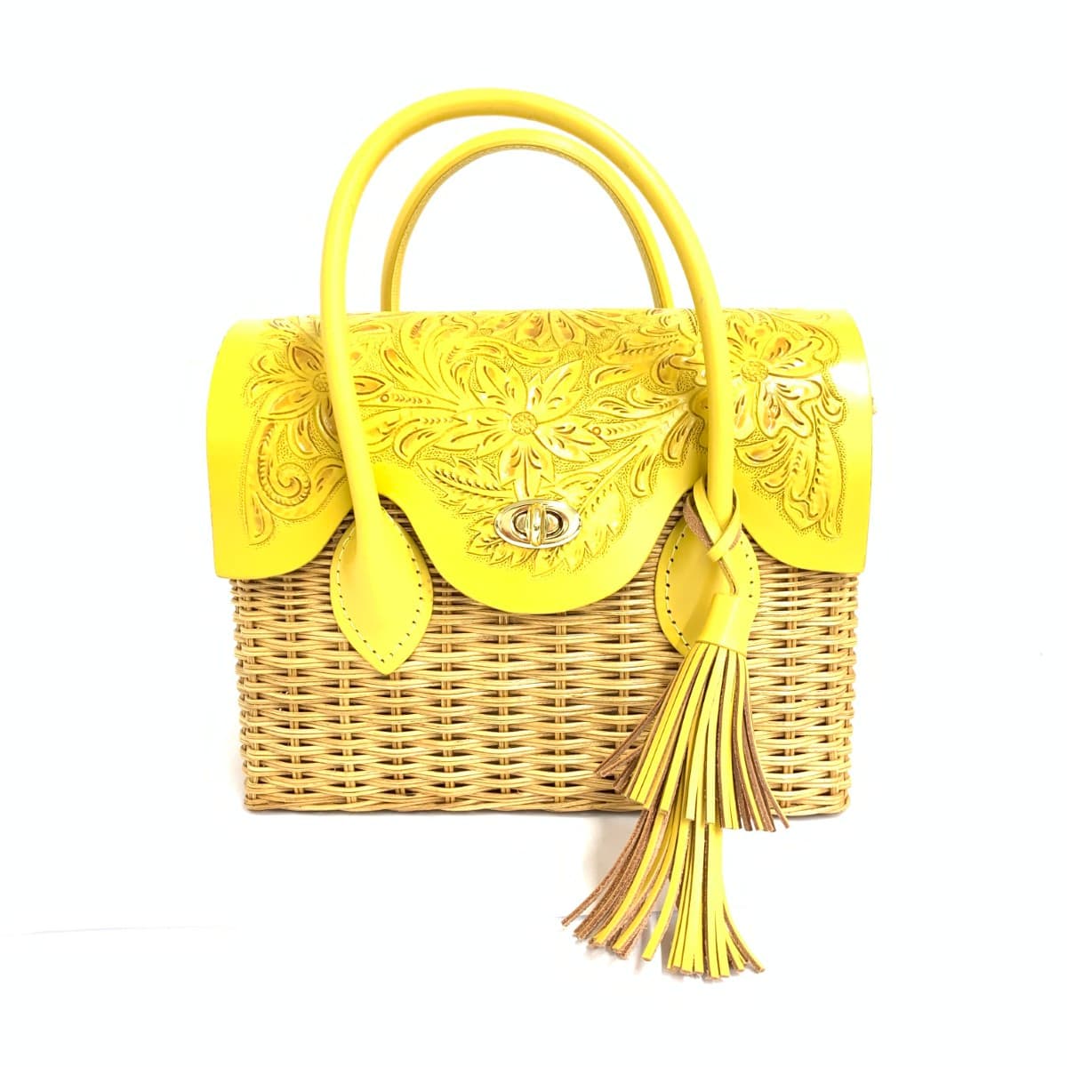 GRACE CONTINENTAL Carving Bag in excellent condition, basket, leather × rattan, yellow/beige, ladies