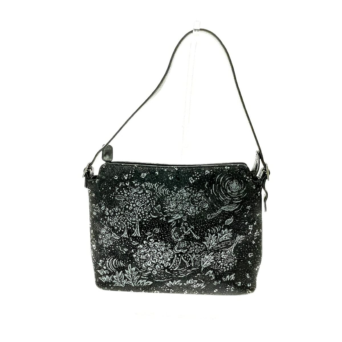 Inden-ya One Shoulder Bag Polka and Floral Black Ground Deer Leather Black Lacquer Black Ladies