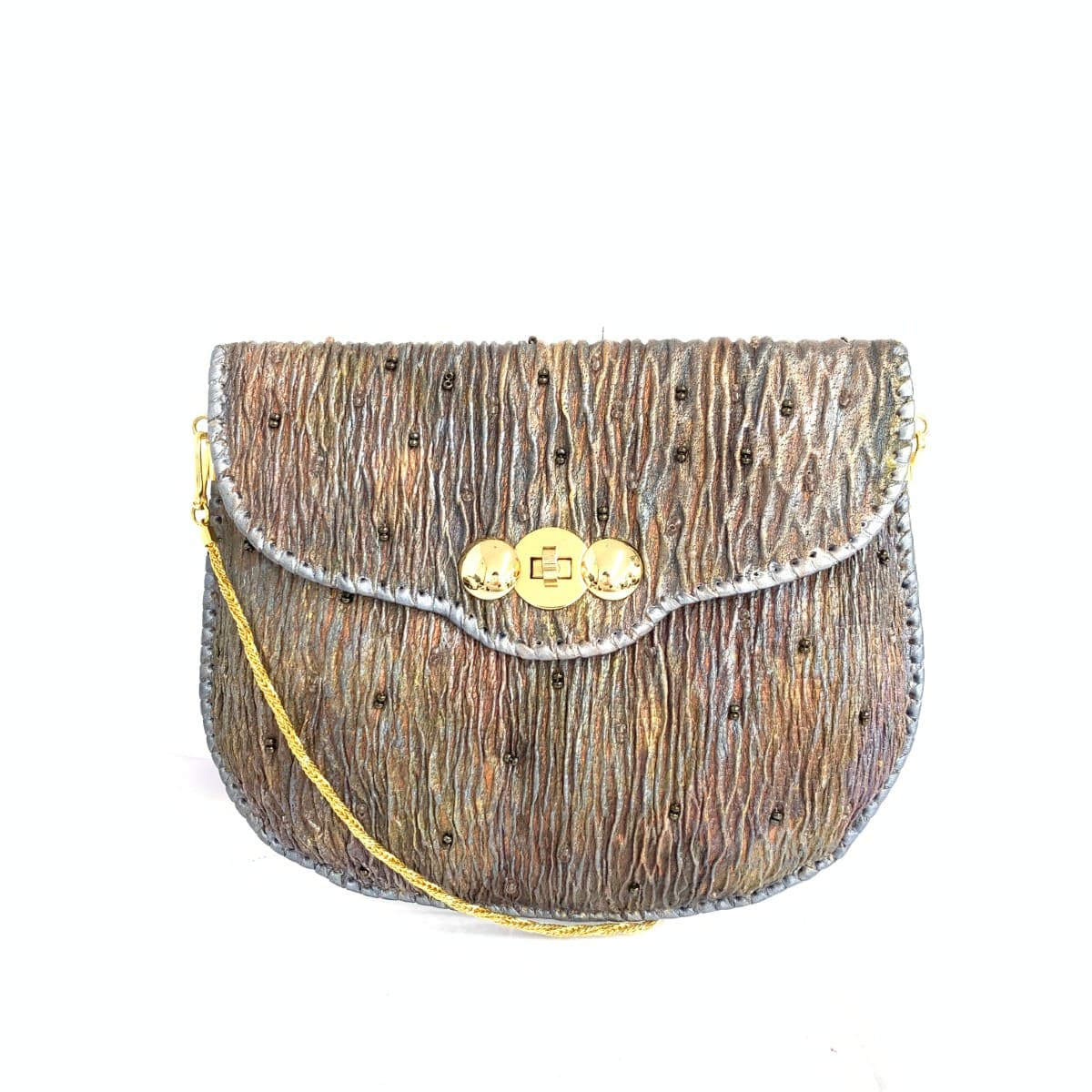 No brand chain clutch bag in good condition, beaded, pleated processing, leather, multicolor, ladies