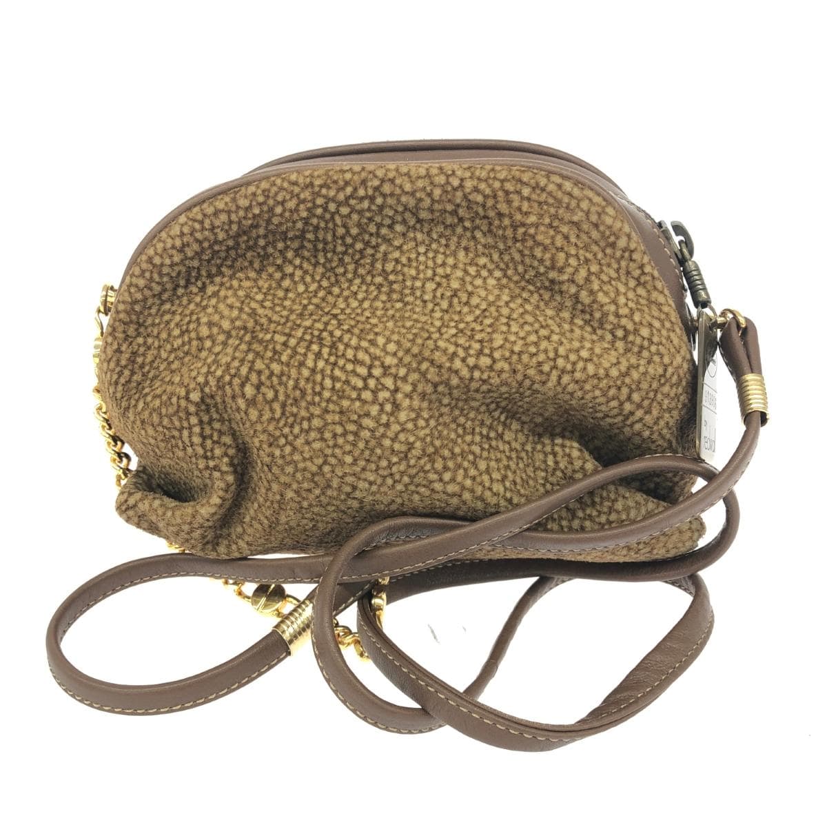 Borbonese Mini Shoulder Bag in Good Condition, Quail Pattern/Leather, Brown, Women's