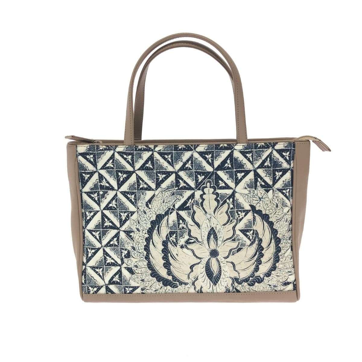 No Brand Japanese Style Tote Bag All-over Pattern Cotton × Leather Beige Women's