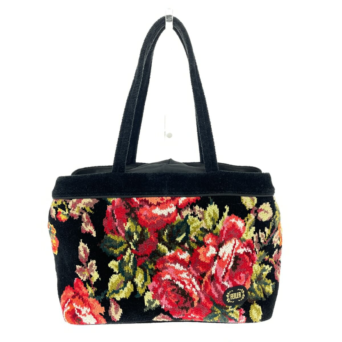 FEILER Tote Bag Chenille Weave/Rose Pattern Black Ladies