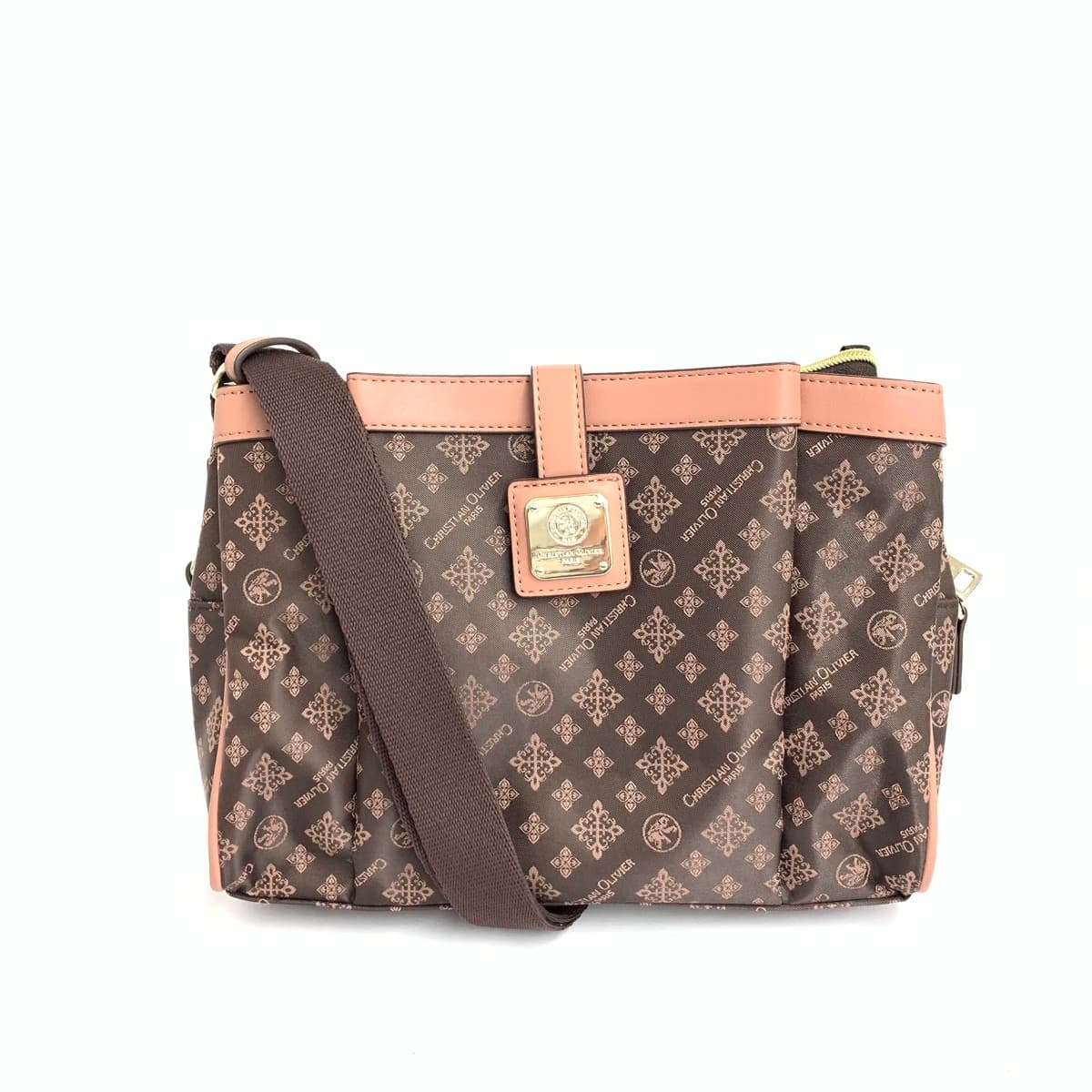 CHRISTIAN OLIVIER Shoulder Bag Excellent Condition Monogram Nylon Chocolate Pink Brown Ladies