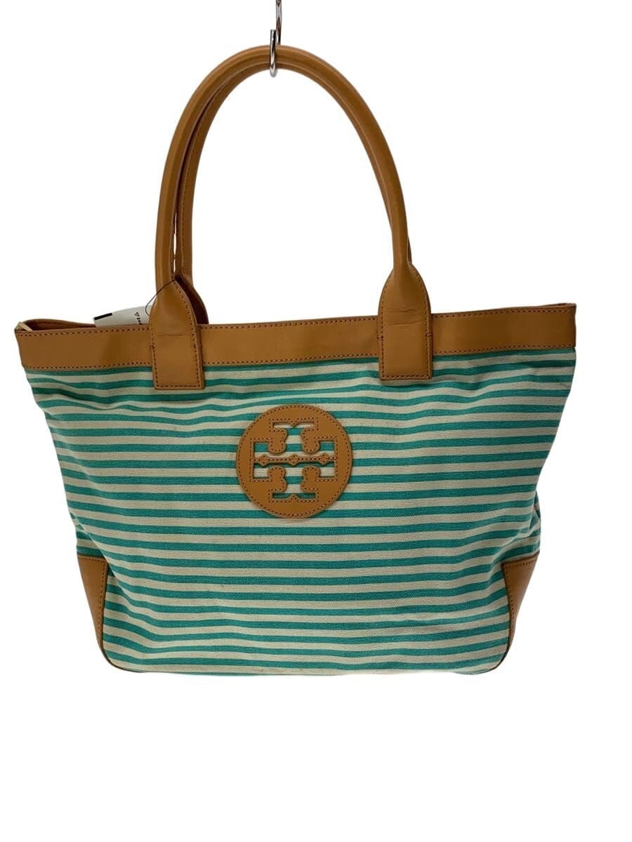 TORY BURCH Tote Bag Cotton GRN Border Stripe One Point
