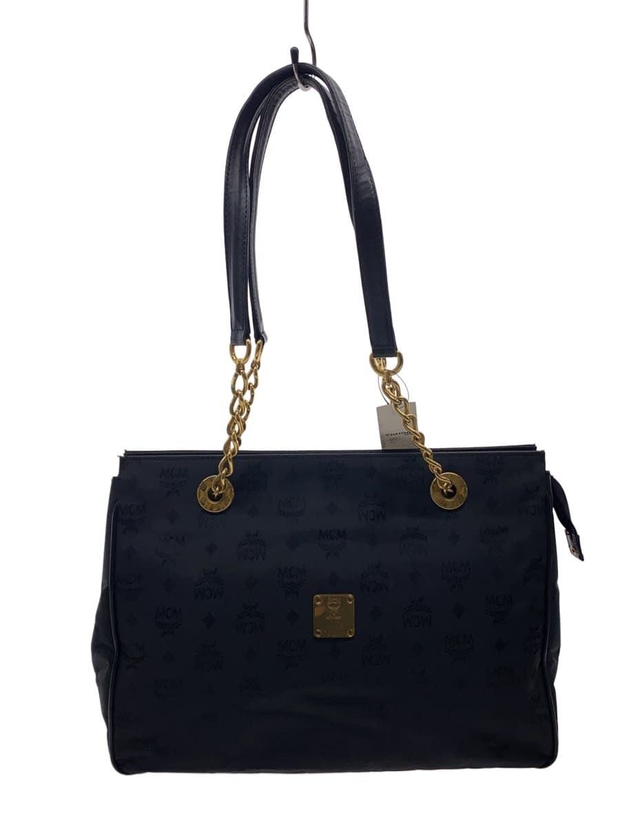 MCM Logo Gram Chain Handle Tote Bag Nylon Black Black Monogram
