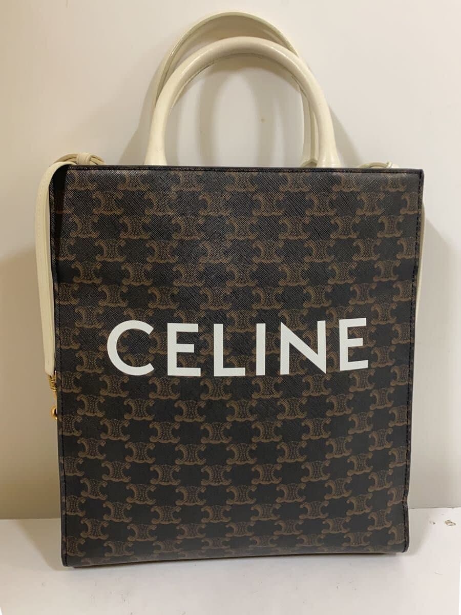 CELINE Tote Bag Leather Brown Vertical Cabas 2-Way Triomphe Canvas