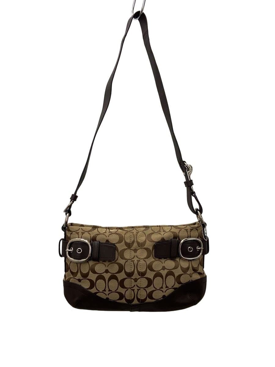 COACH Shoulder Bag_Signature_Black Leather Canvas BEG All Over Pattern