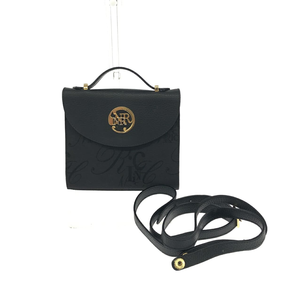 NINA RICCI 2WAY Shoulder Clutch Bag Black NR Logo Plate Vintage Jacquard Women's Second Bag