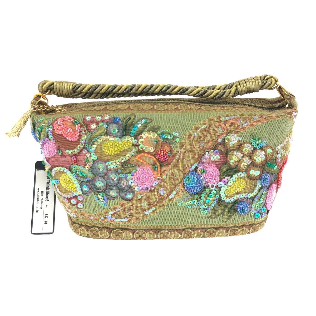 Think Bee boat bag handbag unused item green tapestry sequins fruit pattern beads green gray