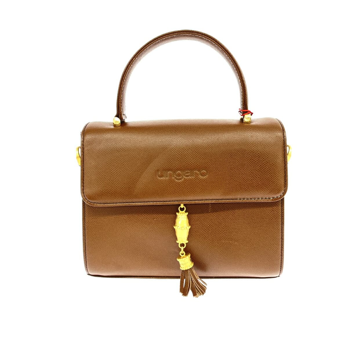 Emanuel Ungaro 2WAY Handbag Bamboo Tassel Logo Embossed Leather Brown Ladies