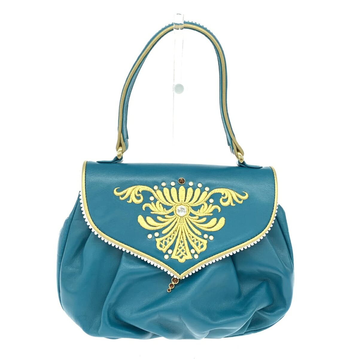 Kitamura handbag in good condition, embroidered/with rhinestones/faux pearls/leather/emeral blue for ladies
