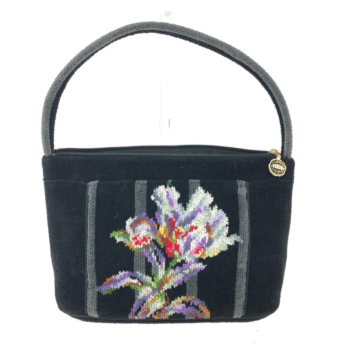 FEILER Handbag Floral Pattern / Chenille Weave Black Ladies