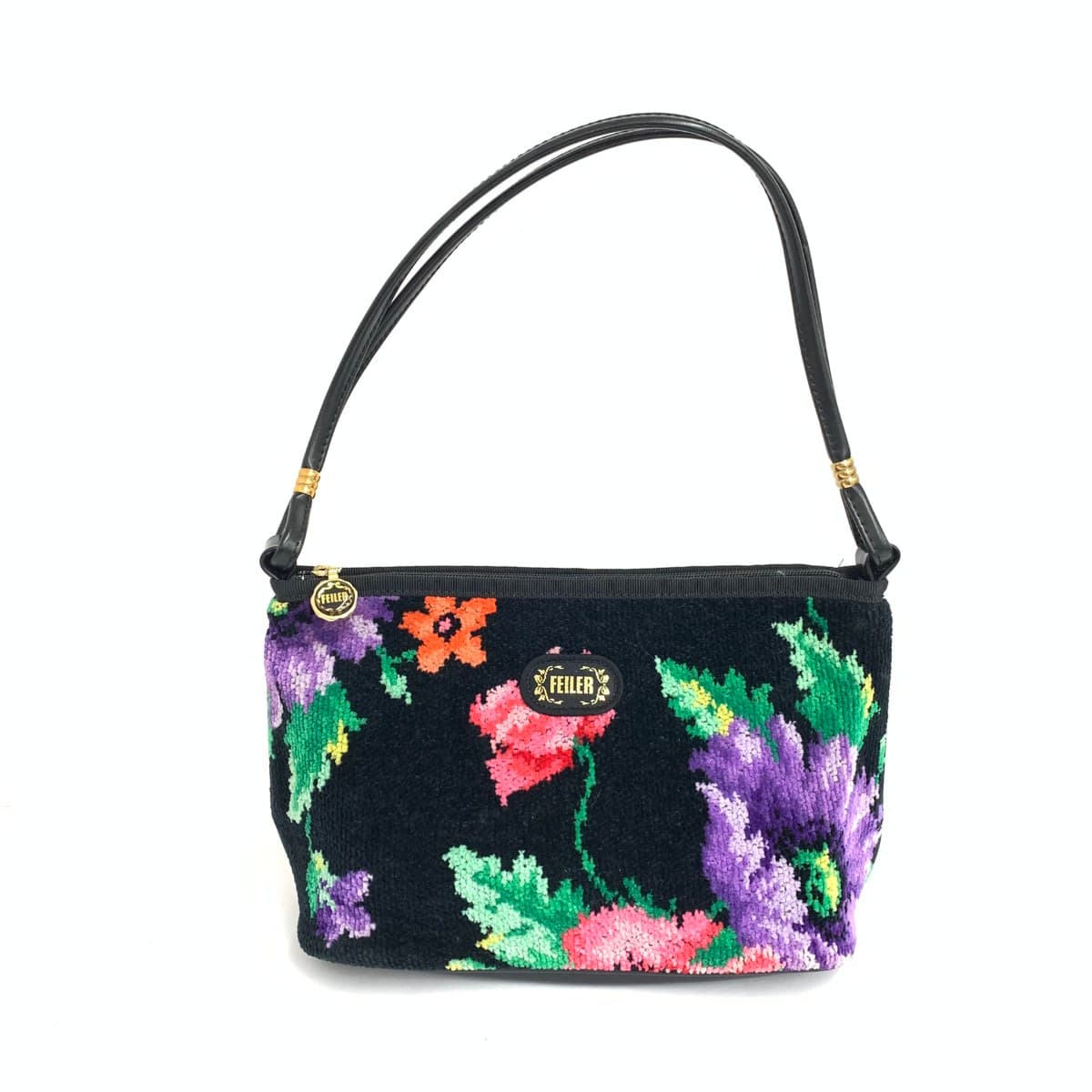 FEILER Side Pouch in Good Condition, Poppies Chenille Weave, Black, Ladies